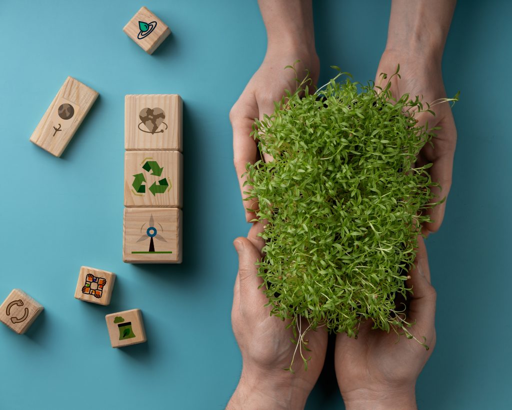 Dva para rok držita travo kar predstavlja trajnostne rešitve poslovanja